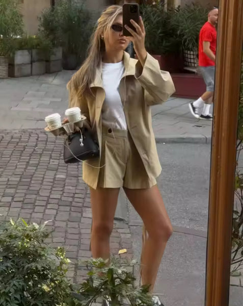 TIE WAIST TRENCH COAT AND SHORTS CO-ORD
