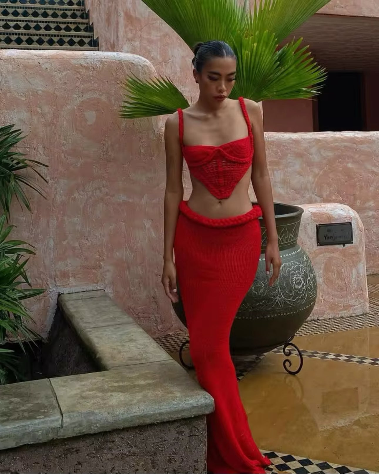 RED CROCHET BRALET CORSET AND MAXI SKIRT CO-ORD
