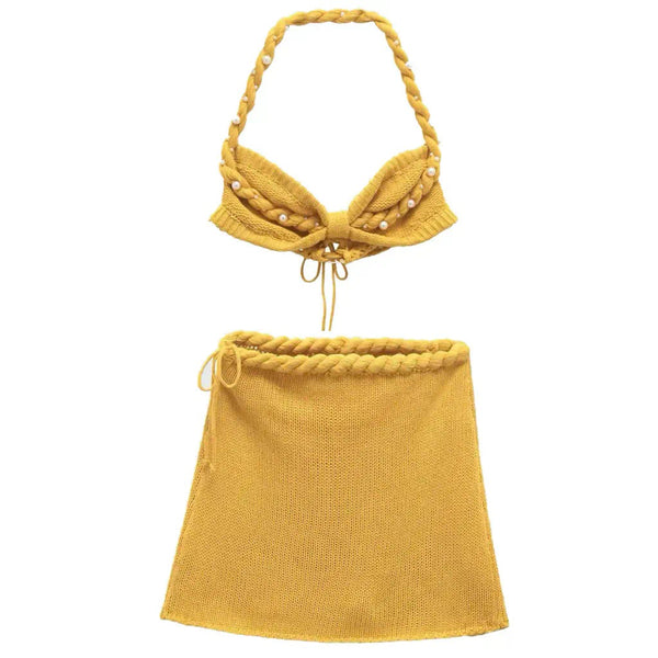 MUSTARD EMBELLISHED CROCHET BRALET AND MINI SKIRT CO-ORD