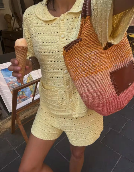 YELLOW KNIT CARDIGAN AND SHORTS CO-ORD