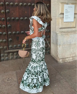 GREEN EMBROIDERED BACKLESS MAXI DRESS