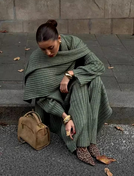 KNIT THREE PIECE JUMPER, SCARF AND TROUSER CO-ORD