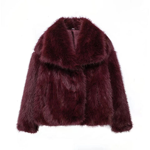 BURGUNDY CROPPED FAUX FUR COAT