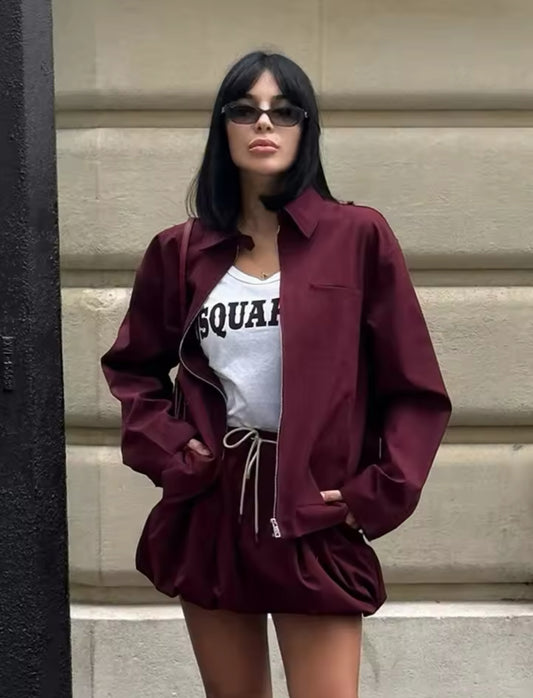 BURGUNDY COLLARED JACKET AND MINI SKIRT CO-ORD
