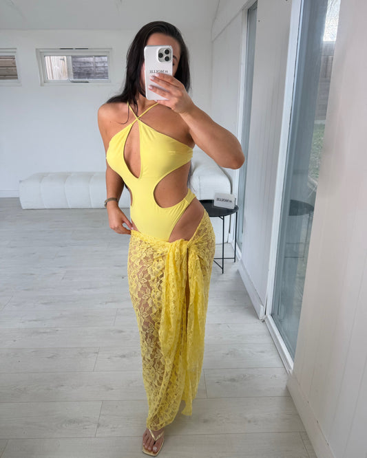 LEMON YELLOW CUT OUT SWIMSUIT AND LACE SARONG CO ORD