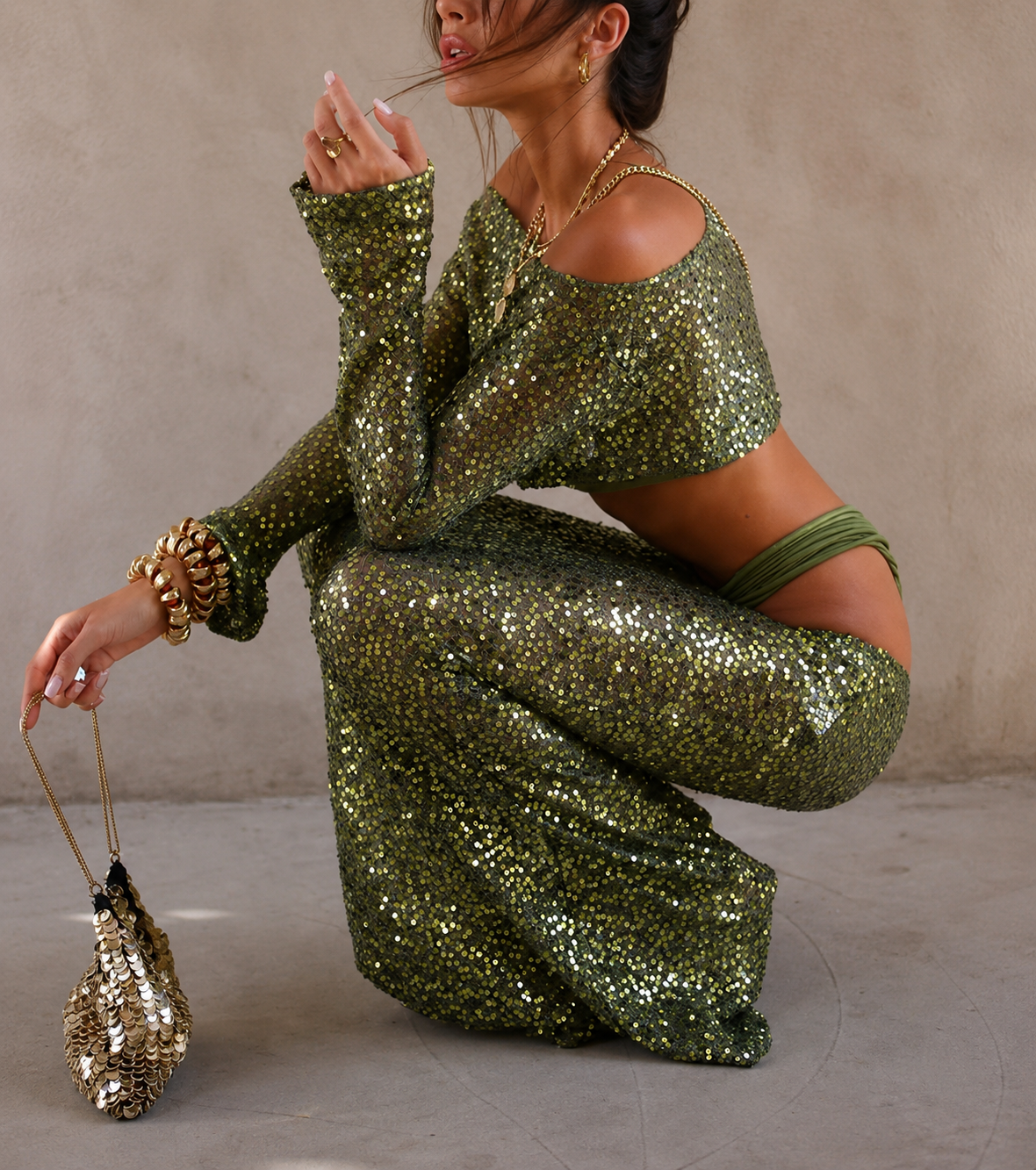GREEN SEQUIN MAXI SKIRT AND LONG SLEEVE TOP CO ORD SET