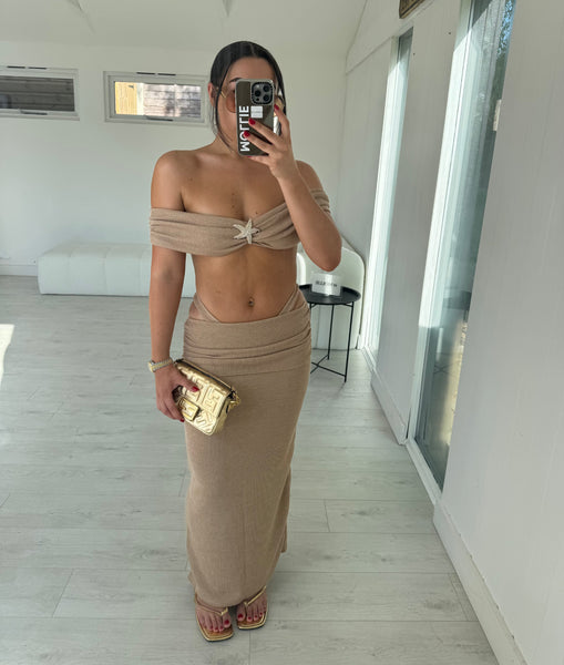 BEIGE KNIT BARDOT STAR TOP AND FOLD OVER MAXI SKIRT CO-ORD