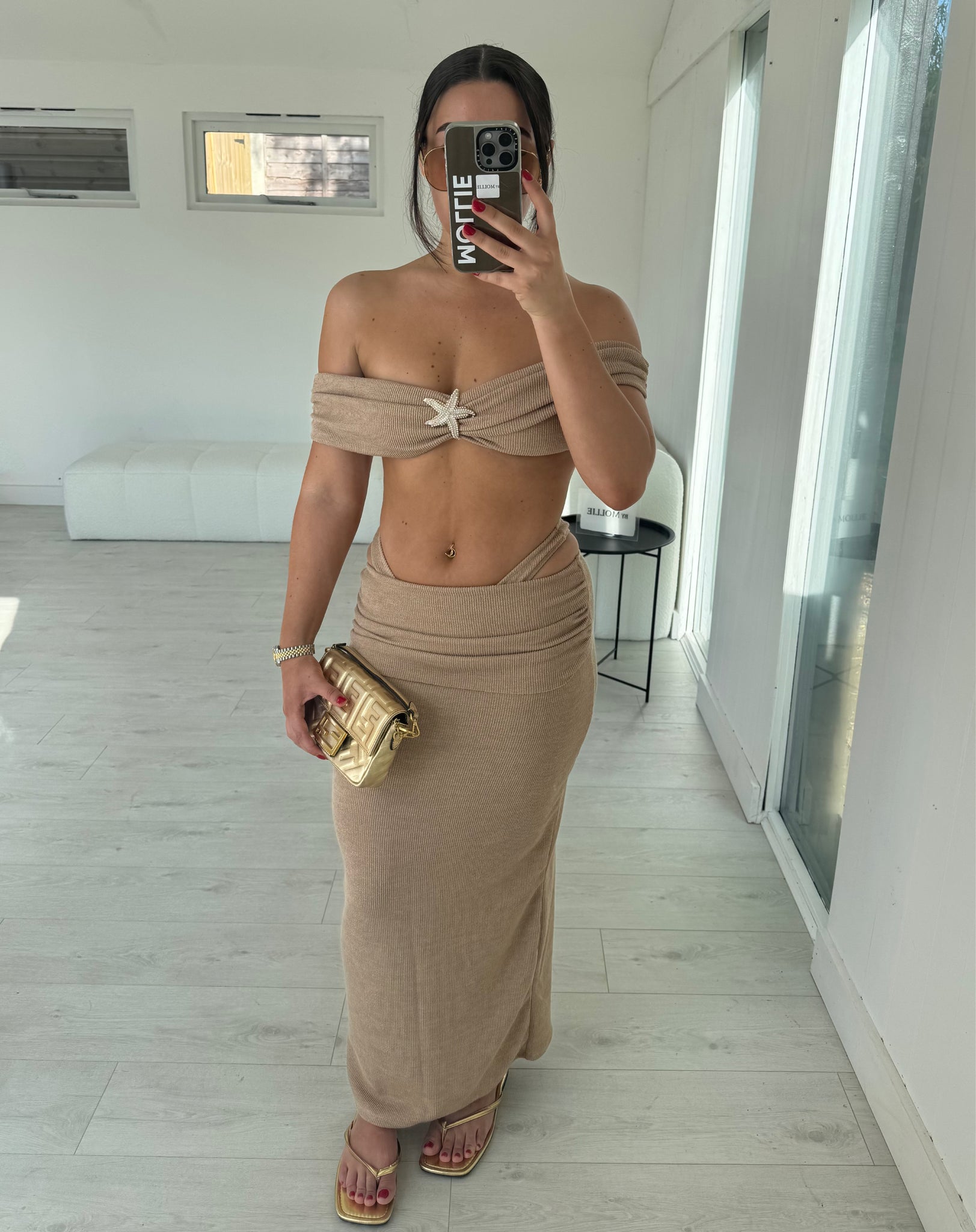 BEIGE KNIT BARDOT STAR TOP AND FOLD OVER MAXI SKIRT CO-ORD
