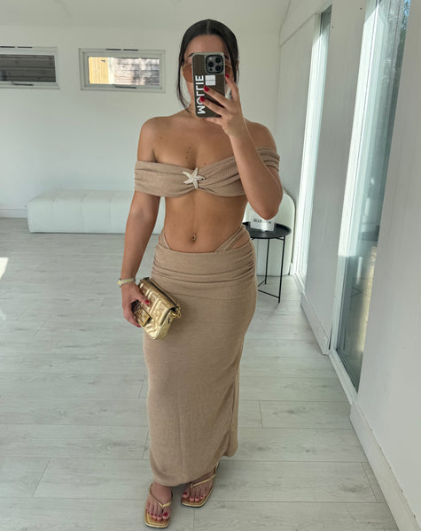 BEIGE KNIT BARDOT STAR TOP AND FOLD OVER MAXI SKIRT CO-ORD