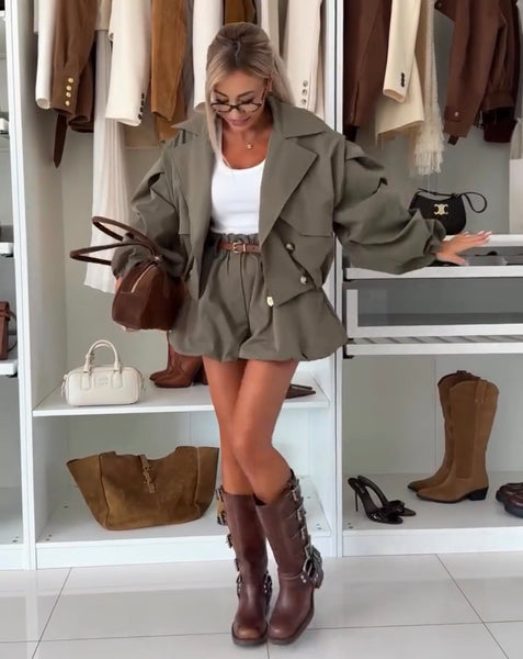 CROP KHAKI TRENCH COAT AND SHORTS CO-ORD