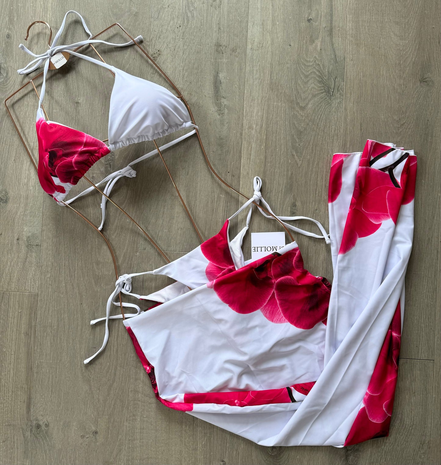 PINK FLOWER THREE PIECE BIKINI AND SKIRT SET