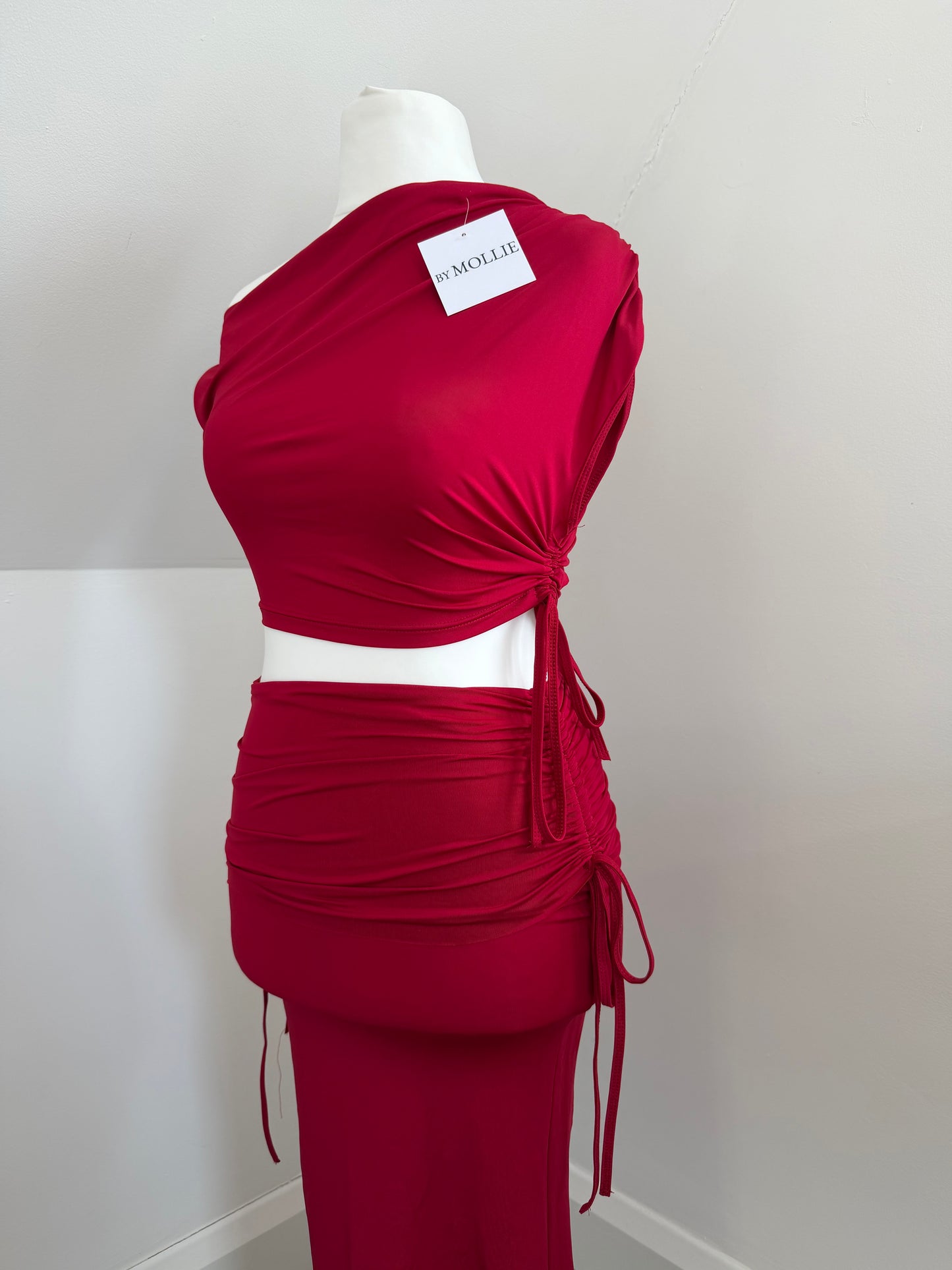 BURGUNDY FOLD OVER OFF SHOULDER CROP AND MAXI SKIRT CO-ORD
