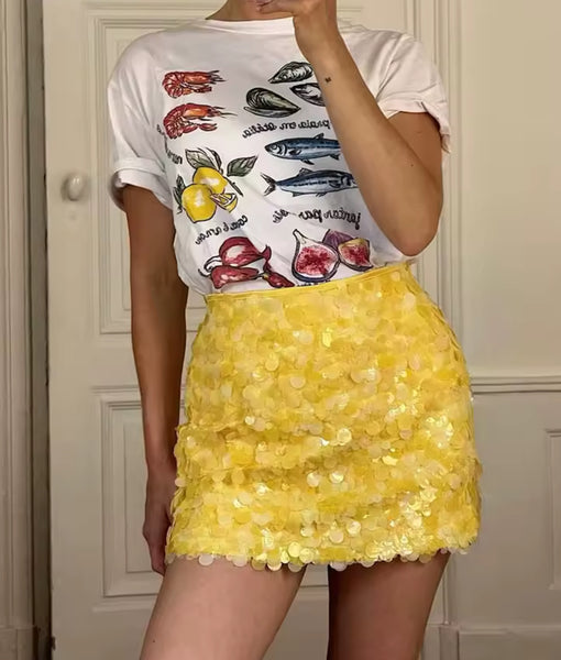 YELLOW SHIMMER DISC MINI SKIRT