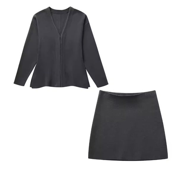 CHARCOAL GREY CARDIGAN AND MINI SKIRT CO-ORD