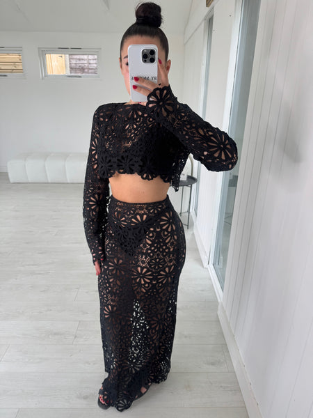 BLACK CUT OUT LONG SLEEVE TOP AND MAXI SKIRT CO-ORD