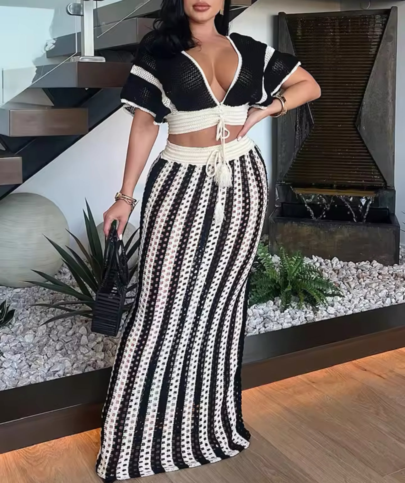 STRIPE CROCHET CROP TOP AND MAXI SKIRT CO-ORD