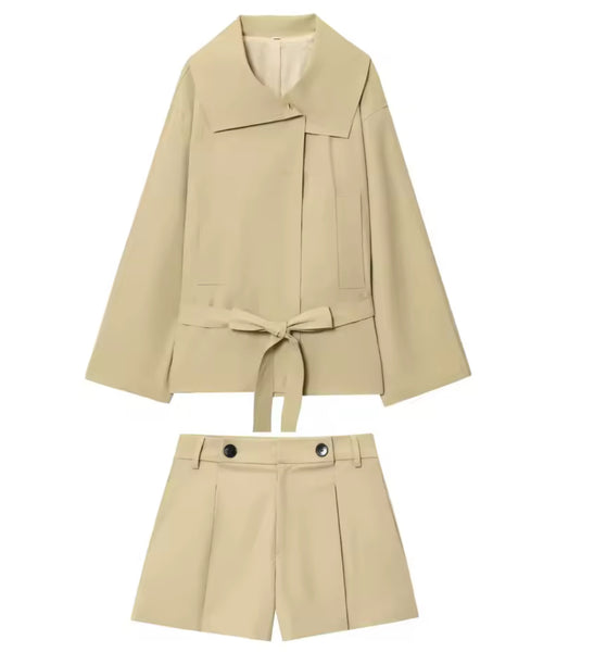 TIE WAIST TRENCH COAT AND SHORTS CO-ORD