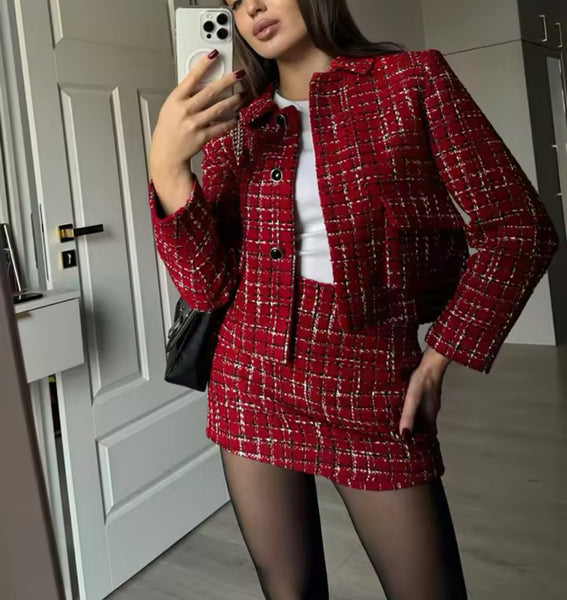 RED TARTAN TWEED CROP BLAZER AND MINI SKIRT CO-ORD