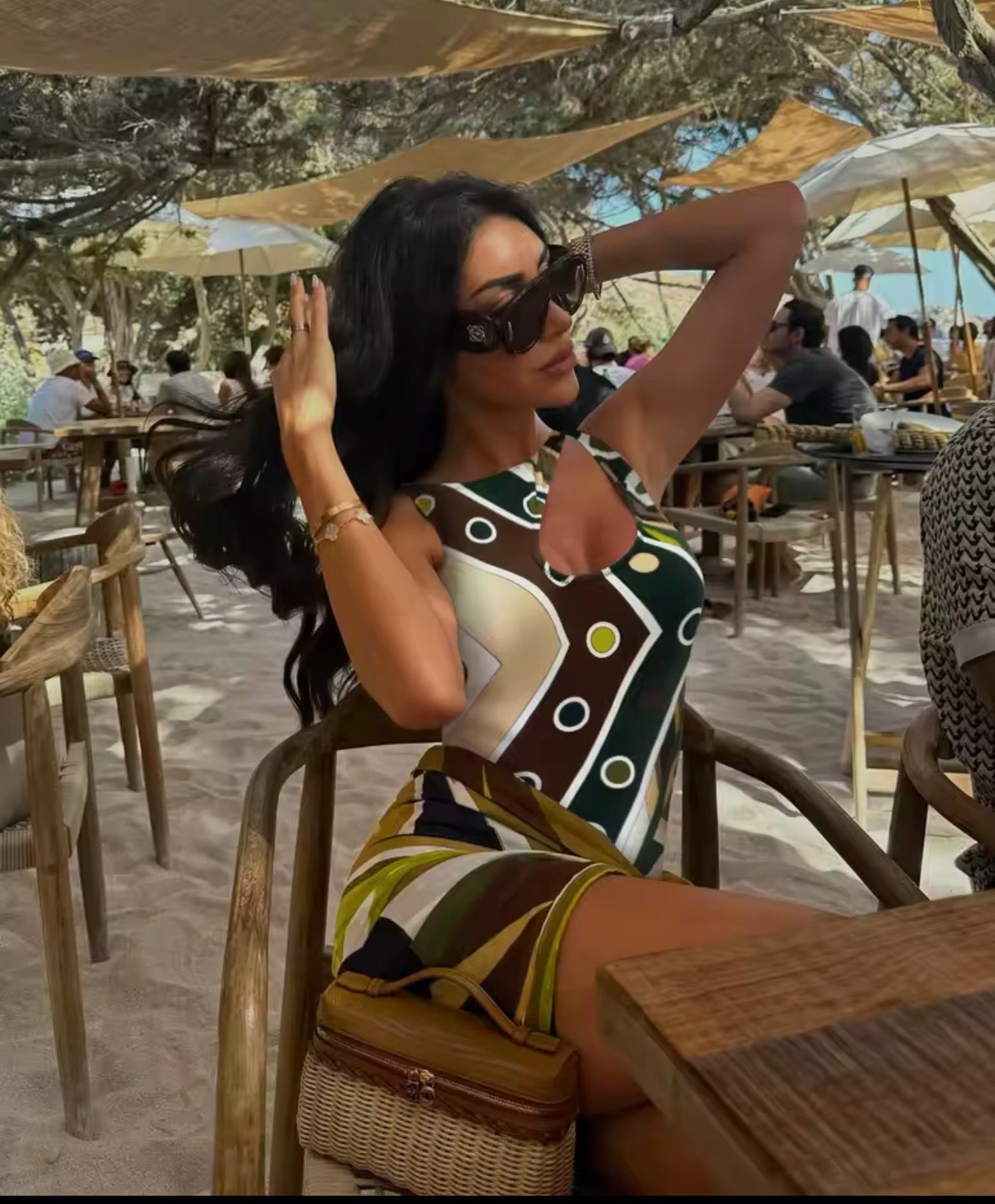 GREEN PATTERNED SWIMSUIT AND MINI SARONG SET