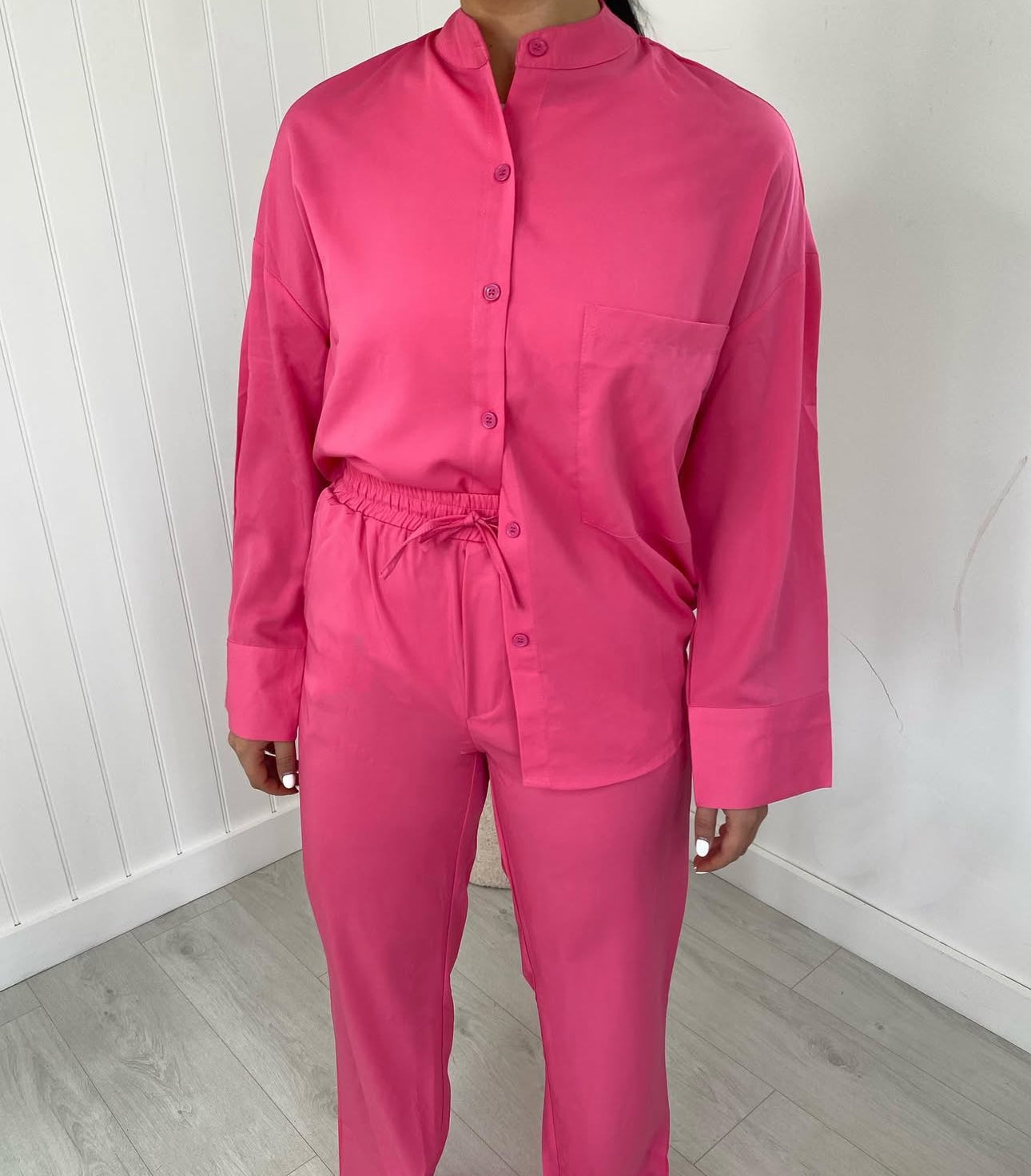 PINK SATIN OVERSIZED SHIRT AND TROUSER CO-ORD