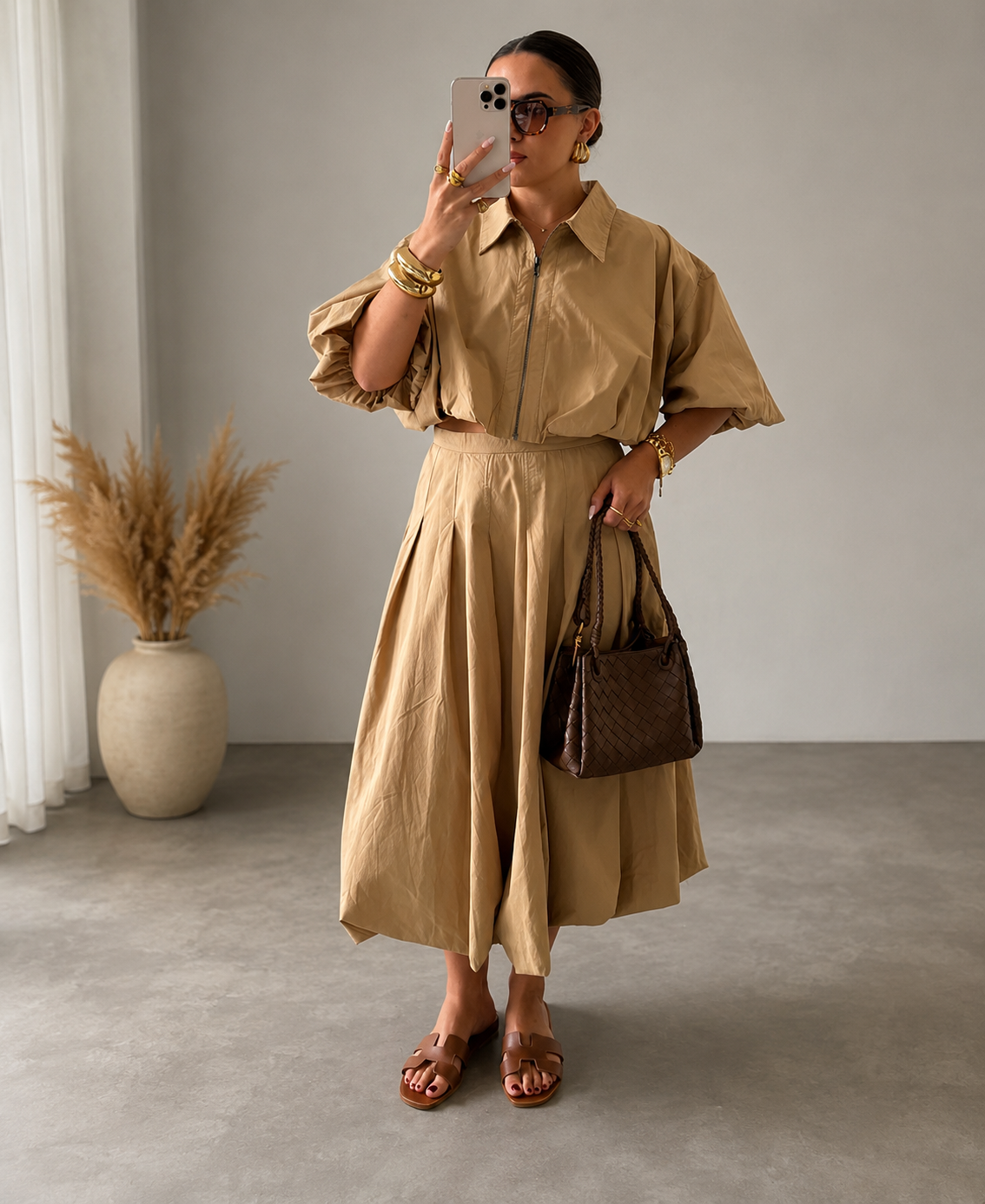 BEIGE COLLARED SHIRT AND MAXI SKIRT CO-ORD
