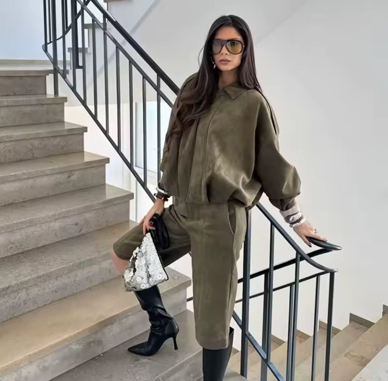 KHAKI VEGAN SUEDE JACKET AND SHORTS CO-ORD