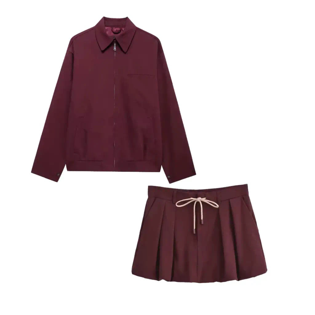 BURGUNDY COLLARED JACKET AND MINI SKIRT CO-ORD