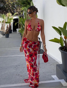 RED FLOWER THREE PIECE BIKINI AND SKIRT SET