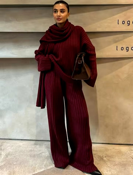 KNIT THREE PIECE JUMPER, SCARF AND TROUSER CO-ORD