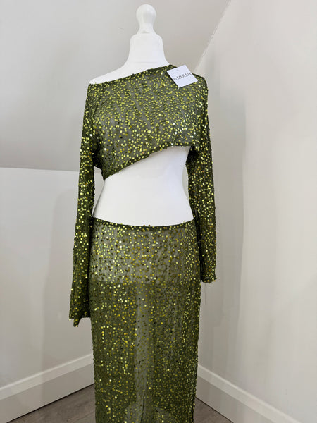 GREEN SEQUIN MAXI SKIRT AND LONG SLEEVE TOP CO ORD SET