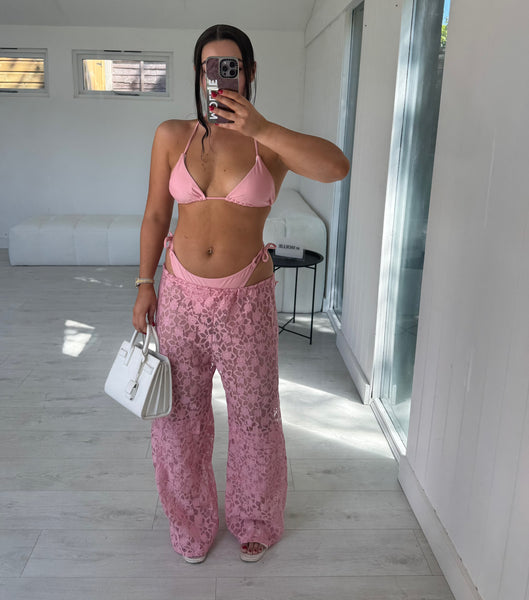 BABY PINK BIKINI AND LACE TROUSER THREE PIECE BIKINI SET