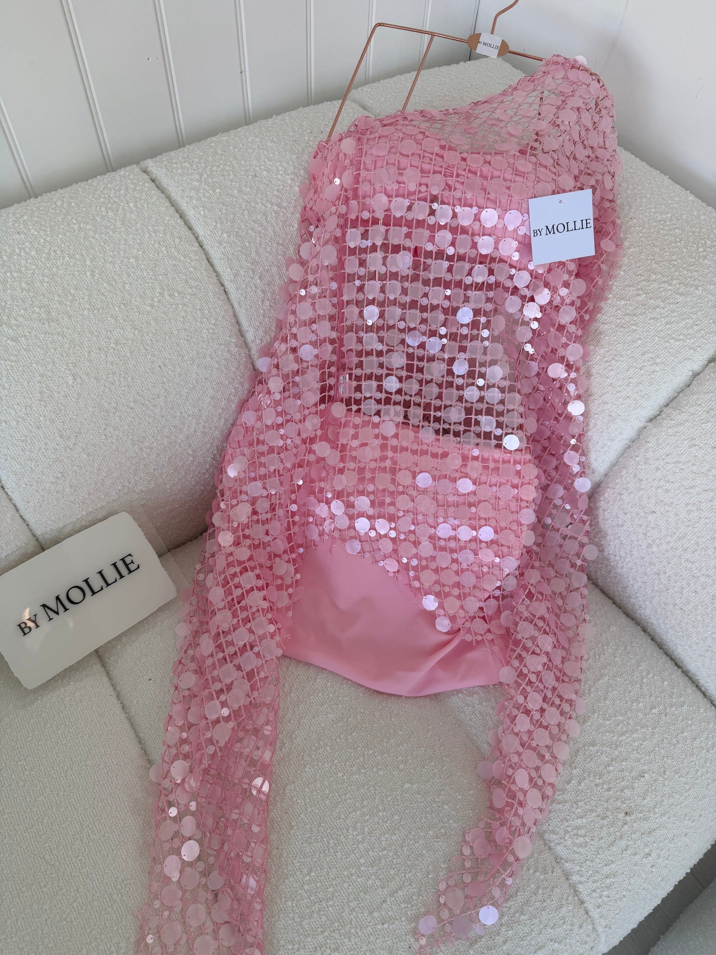 PINK DISC EMBELLISHED CAPE AND BANDEAU MINI SKIRT CO ORD