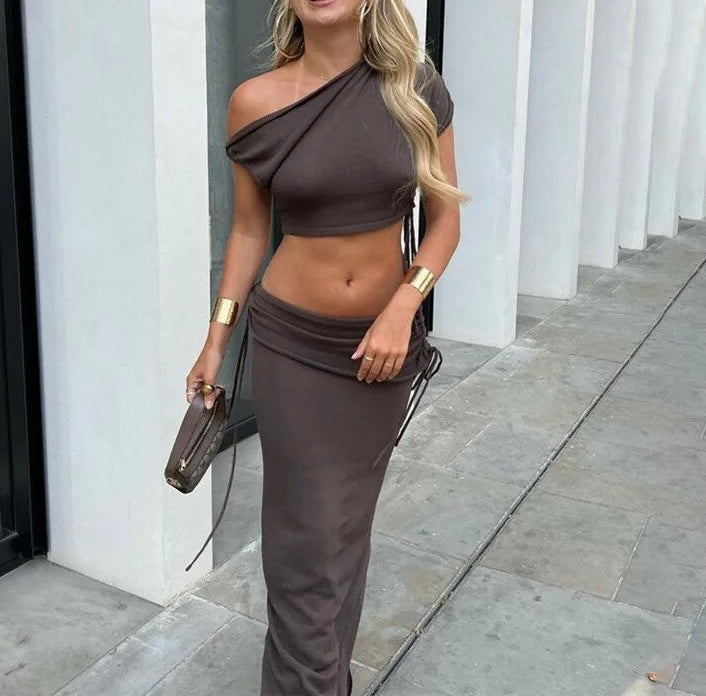 FOLD OVER OFF SHOULDER CROP AND MAXI SKIRT CO-ORD