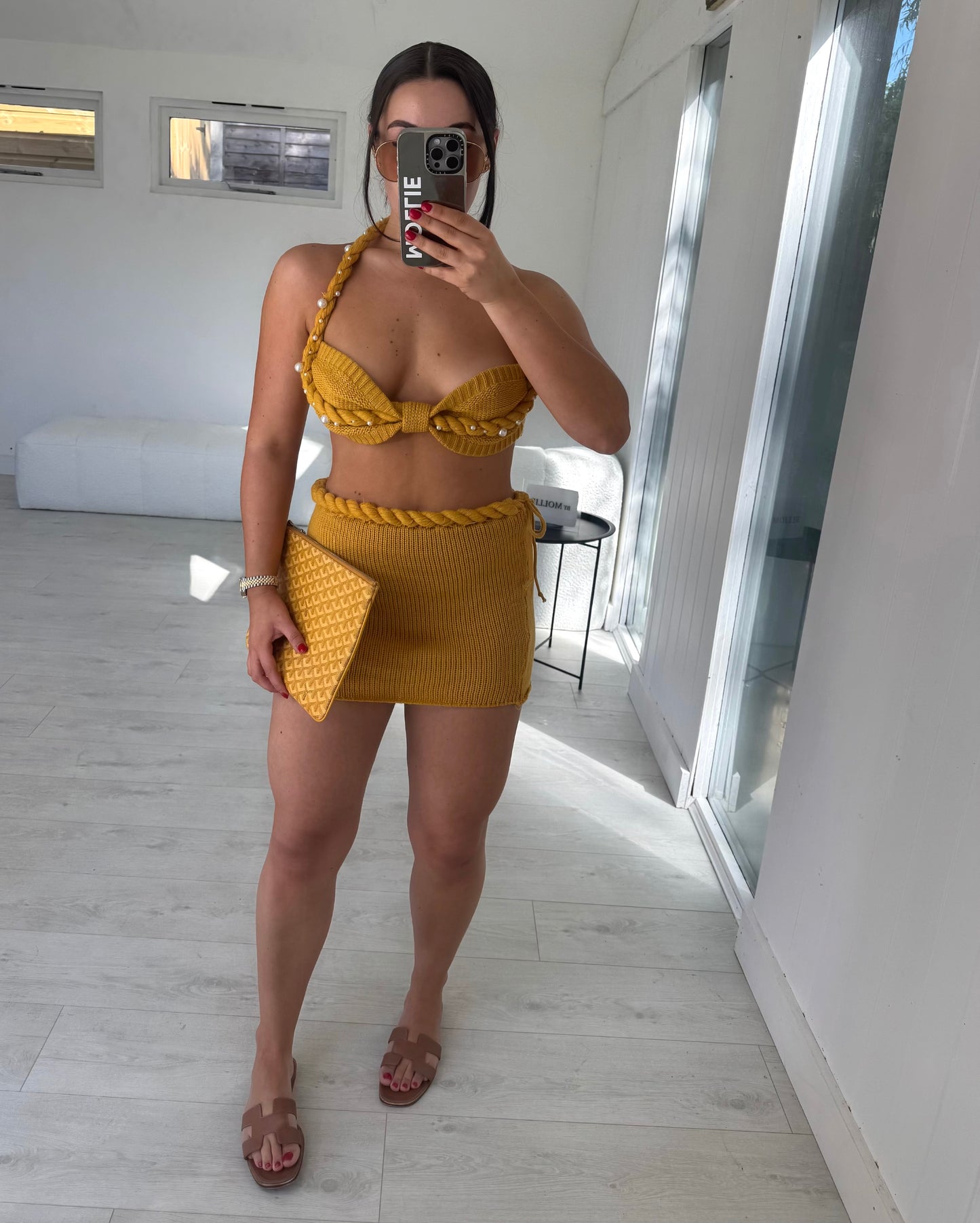 MUSTARD EMBELLISHED CROCHET BRALET AND MINI SKIRT CO-ORD
