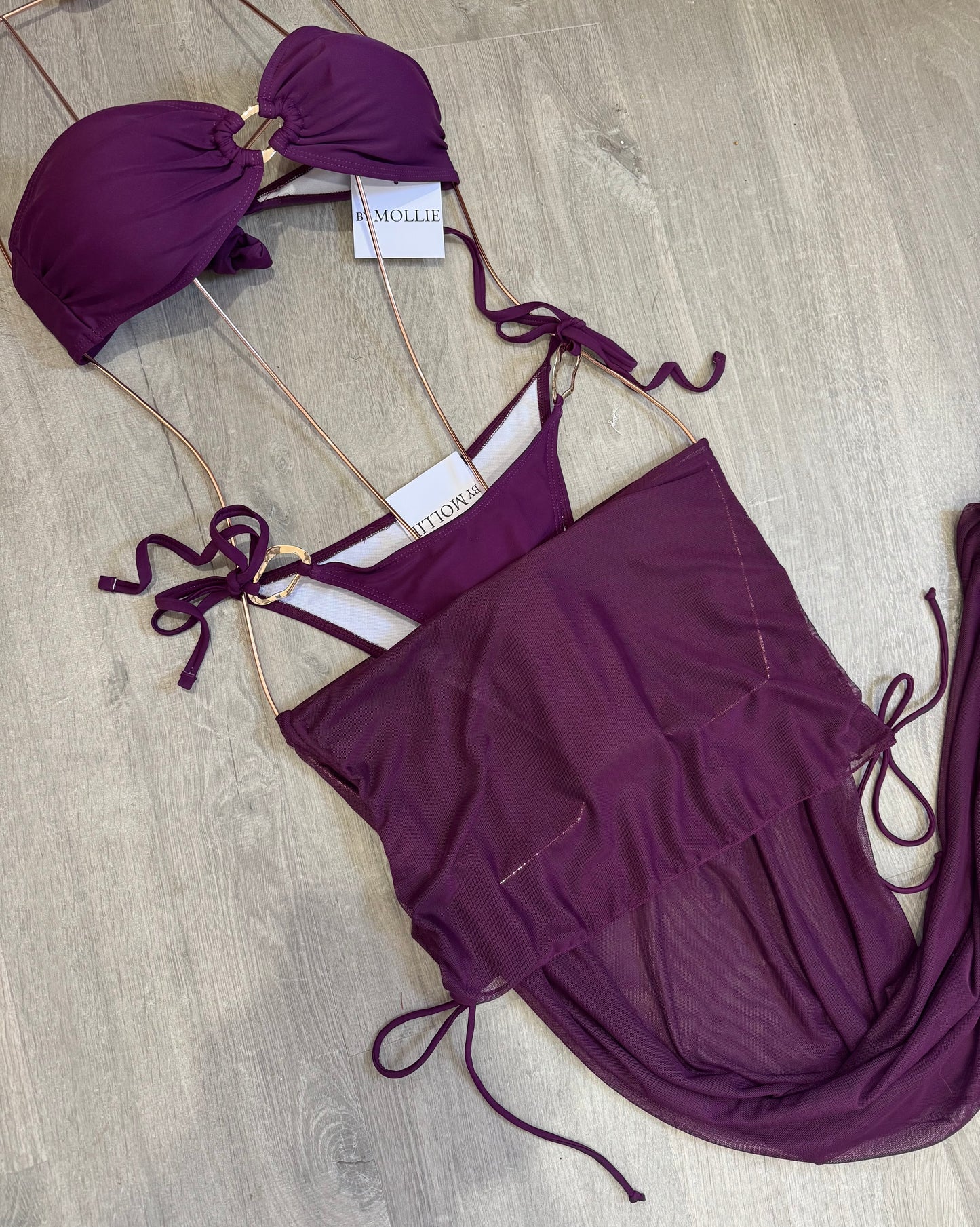 PLUM BANDEAU THREE PIECE BIKINI AND FOLD OVER SKIRT SET