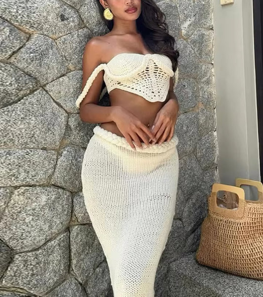 CREAM CROCHET BRALET CORSET AND MAXI SKIRT CO-ORD