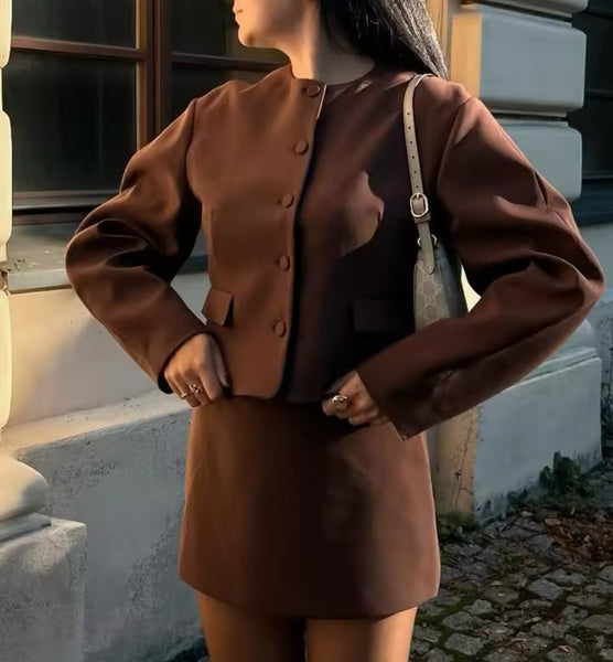 BROWN CROP BLAZER AND MINI SKIRT CO-ORD