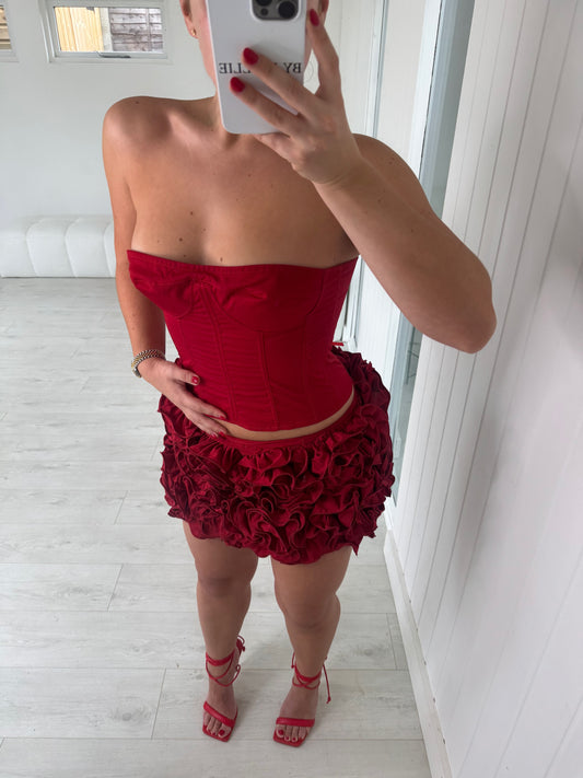 RED LACE UP CORSET AND FLORAL MINI SKIRT CO-ORD