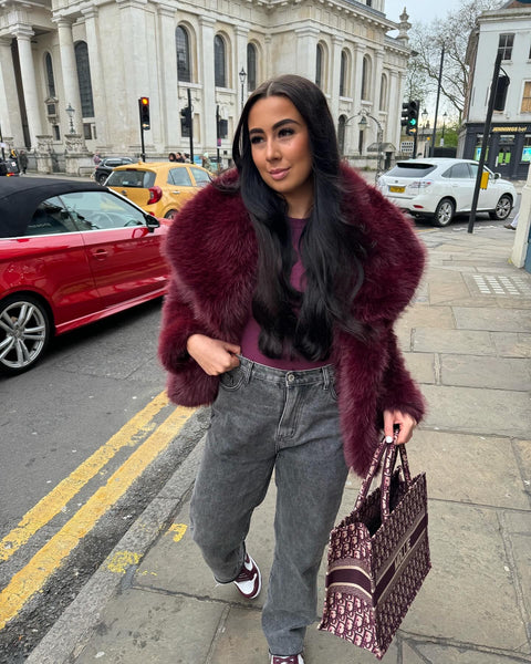 BURGUNDY CROPPED FAUX FUR COAT