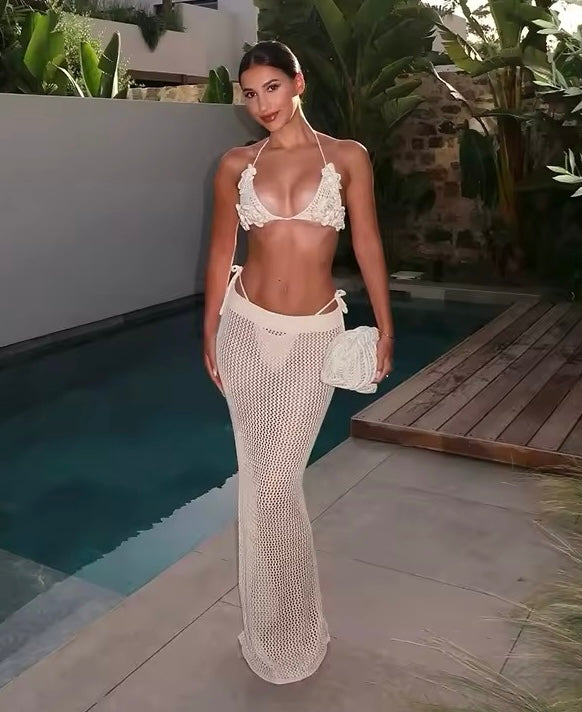 CREAM CROCHET TWO PIECE BRALET AND SKIRT SET