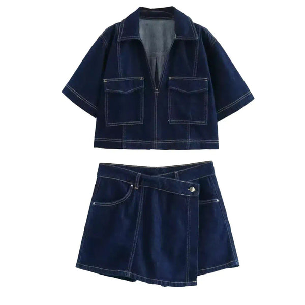 DARK BLUE DENIM SHIRT AND SKORT CO-ORD SET