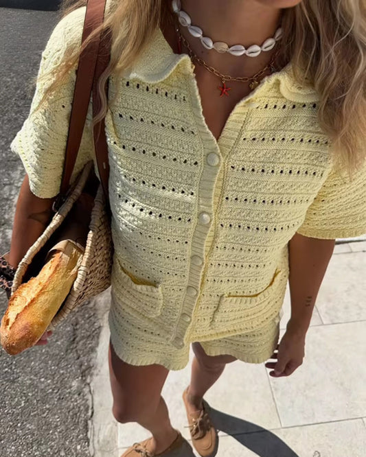YELLOW KNIT CARDIGAN AND SHORTS CO-ORD