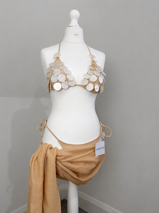 BEIGE PEARL DISC THREE PIECE TRIANGLE BIKINI AND SARONG SET