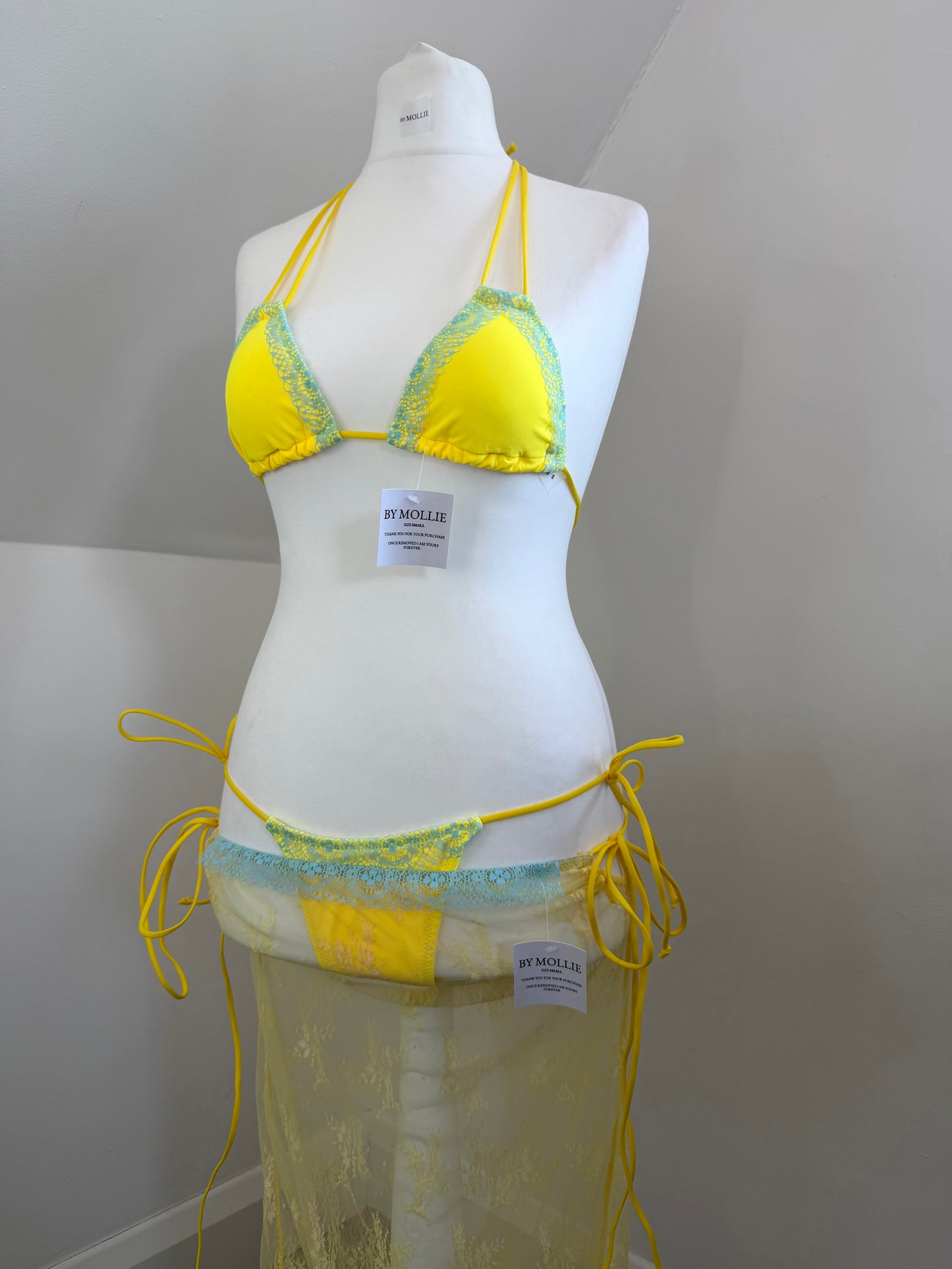 YELLOW AND BLUE LACE TRIANGLE BIKINI AND SARONG CO ORD
