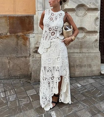 CREAM CROCHET TOP AND SKIRT CO-ORD