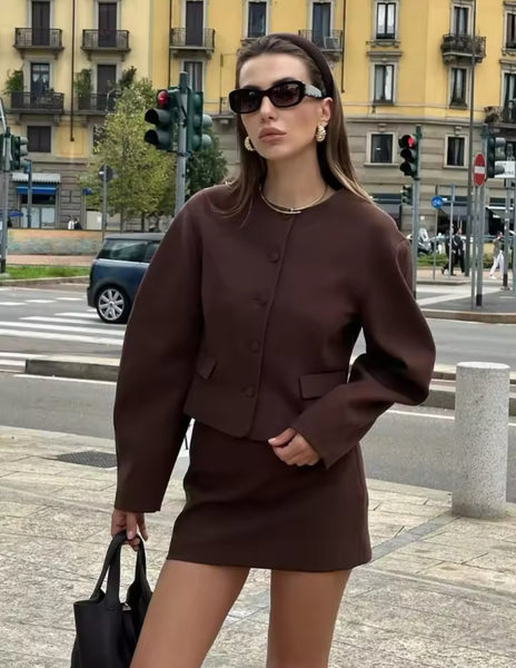 BROWN CROP BLAZER AND MINI SKIRT CO-ORD