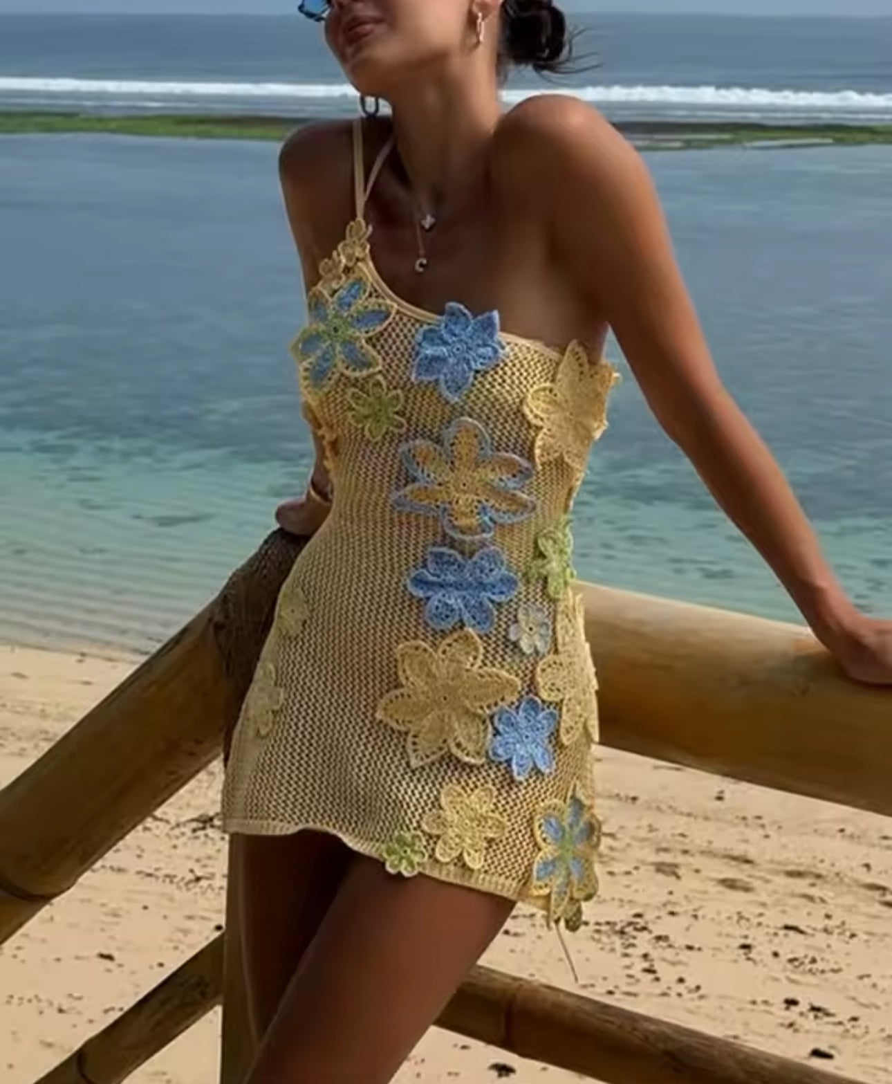 BLUE YELLOW CROCHET KNIT MINI DRESS