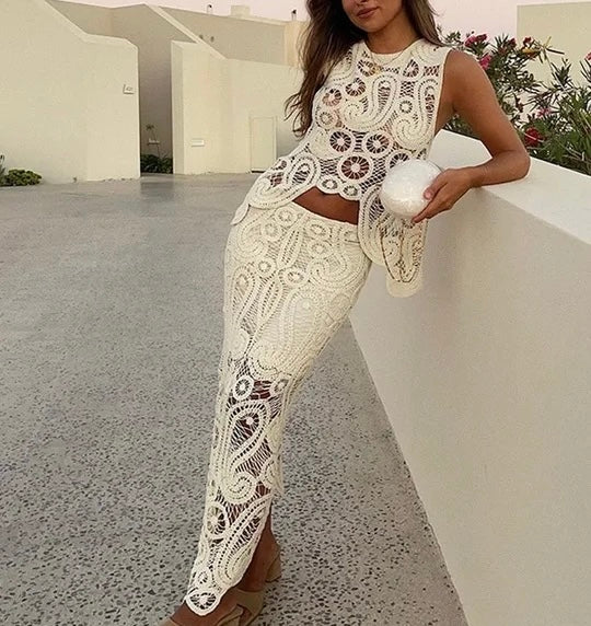 CREAM CROCHET TOP AND SKIRT CO-ORD