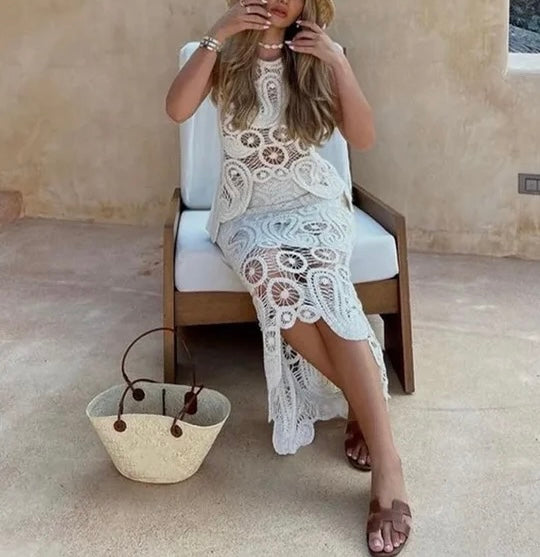 CREAM CROCHET TOP AND SKIRT CO-ORD