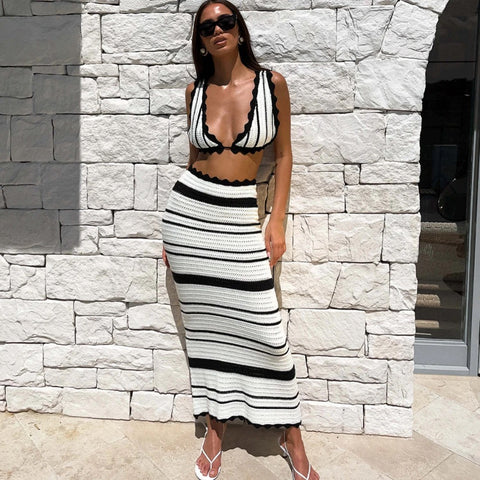 BLACK AND WHITE KNIT BRALET AND MAXI SKIRT CO-ORD